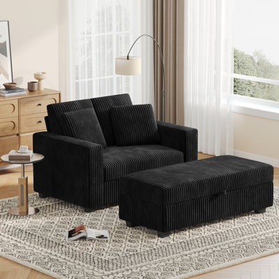 53” Corduroy Chaise Lounge Chair Indoor, Modern Sleeper Couch Chair With 2 Pillows & Moveable Storage Ottoman For Small Apartment Bedroom by Mercer41