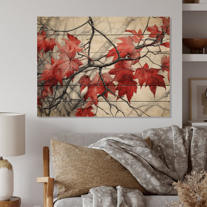 Feuilles rouges et grises sur un arbre VII sur bois, H 10 po x l 20 po x P 0,78 po