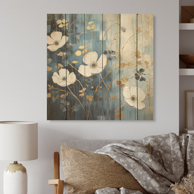 Minimalisme blanc et bleu - Bouton d'or sur bois de pin naturel