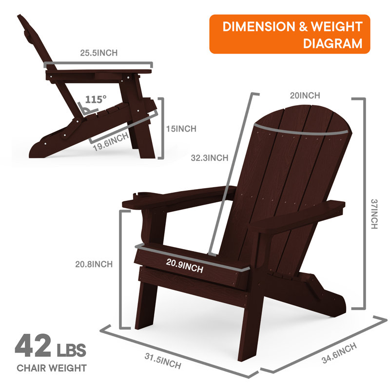 Outdoor Folding Adirondack Chair HIPS Oversized Plastic Adirondack Chair All Weather Patio Chair with Cup Holder Fire Pit Chair, Mahogany