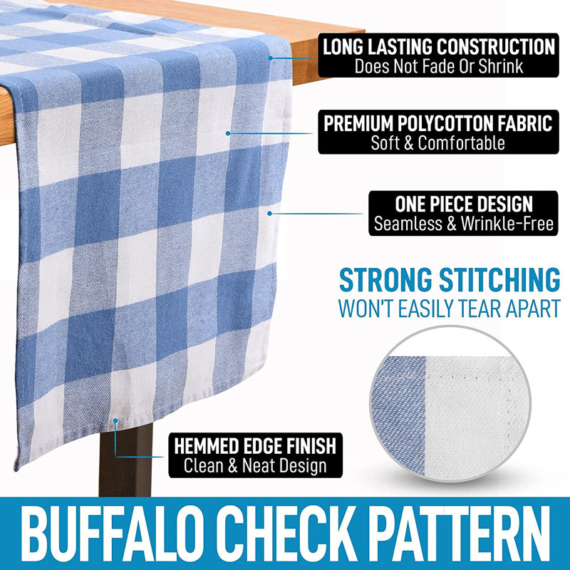 Zulay Home Table Runner Thick Poly Cotton Buffalo Plaid Table Runners 14"x72", Light Blue/White