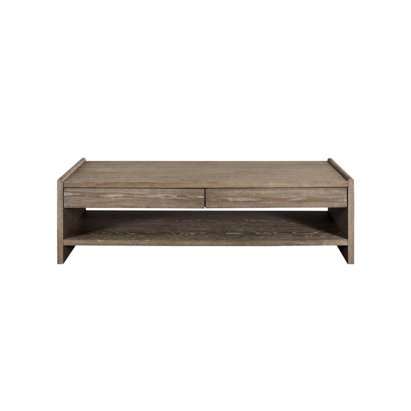 Table basse à 2 tiroirs en bois avec mécanisme de fermeture en douceur pour un fonctionnement en douceur, rangement à distance et sous-verre à deux tiroirs, livres à tablettes ouvertes, détails de grain subtil, profil épuré, profondeur de 24 pouces,