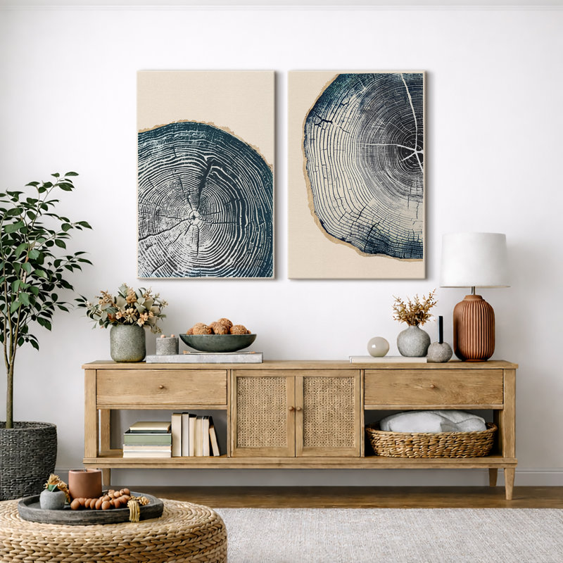 Tree Ring "Navy Blue Wood Stump Artwork, Simple Modern Rustic Wall Pictures, Framed Canvas Giclee Print 2 Pieces Wall Art Set" 16x24x2 pcs, 24x36x2 pcs