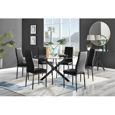 Bernell Modern Chrome Metal & Glass Round Dining Table Set with 6 Quilted Velvet Chairs