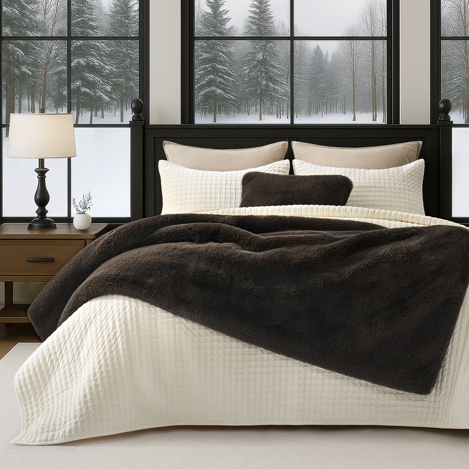 Chinchilla Faux Fur Throw Blanket, 60" L x 50" W, Espresso Mink