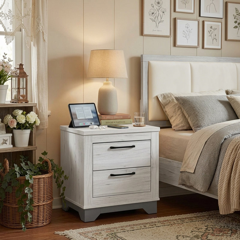 23.62" Modern White Nightstand With 2-Drawer 