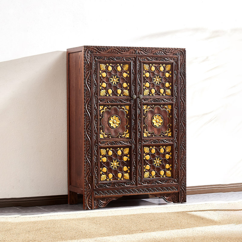 Solid Wood Accent Cabinet, Dark Brown/Yellow