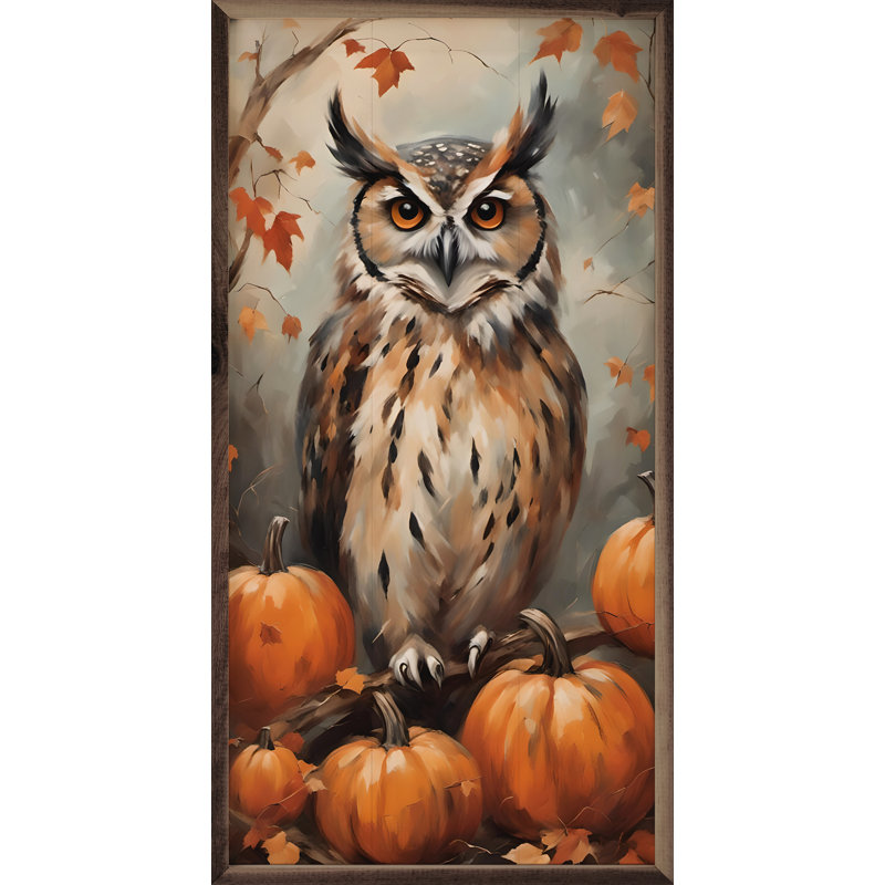 «Hibou avec citrouilles» sur bois, H 16 po x l 8 po x P 1,26 po