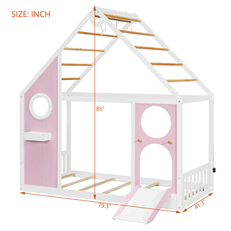 Lits simples, structure en bois aggloméré avec glissoire et lumières, maison pour enfants moderne, Rose