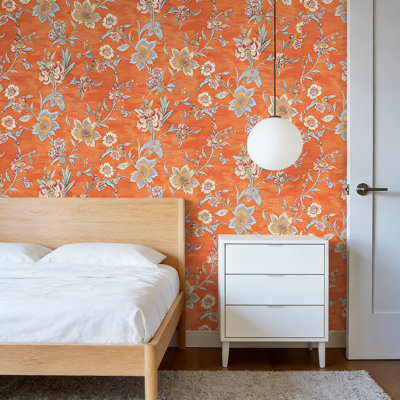 Burnt Orange Floral Wallpaper Peel And Stick - Vintage Watercolor Flower Wall Mural, Removable Self-Adhesive Wallpaper For Bedroom, Living Room, Dorm, Renter Friendly, Easy DIY Installation