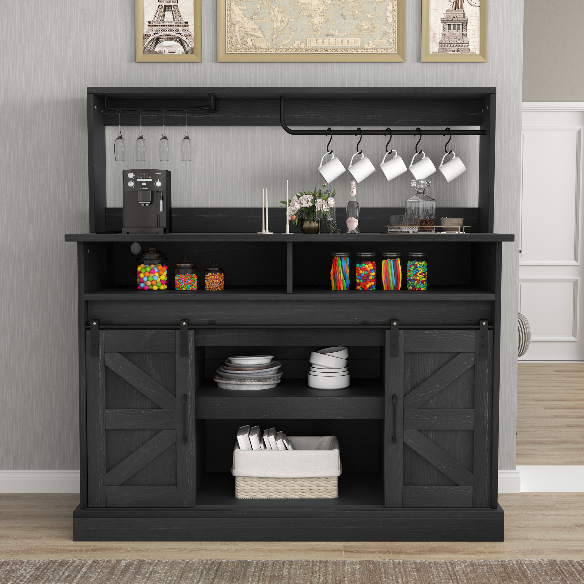 August Grove® 47" Farmhouse Buffet Cabinets With Sliding Barn Door, Coffee Bar With Goblet Holder & Power Outlet Sideboard Buffet Cabinets & Reviews | Wayfair