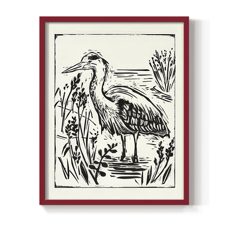 Linocut Style Seabird I, reproduction encadrée - bois massif, H 30 po x l 24 po, Rouge