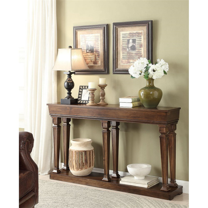 Constableville Transitional Oak Rectangular Console Table with Display Shelves | Stylish Storage for Living Room & Entryway