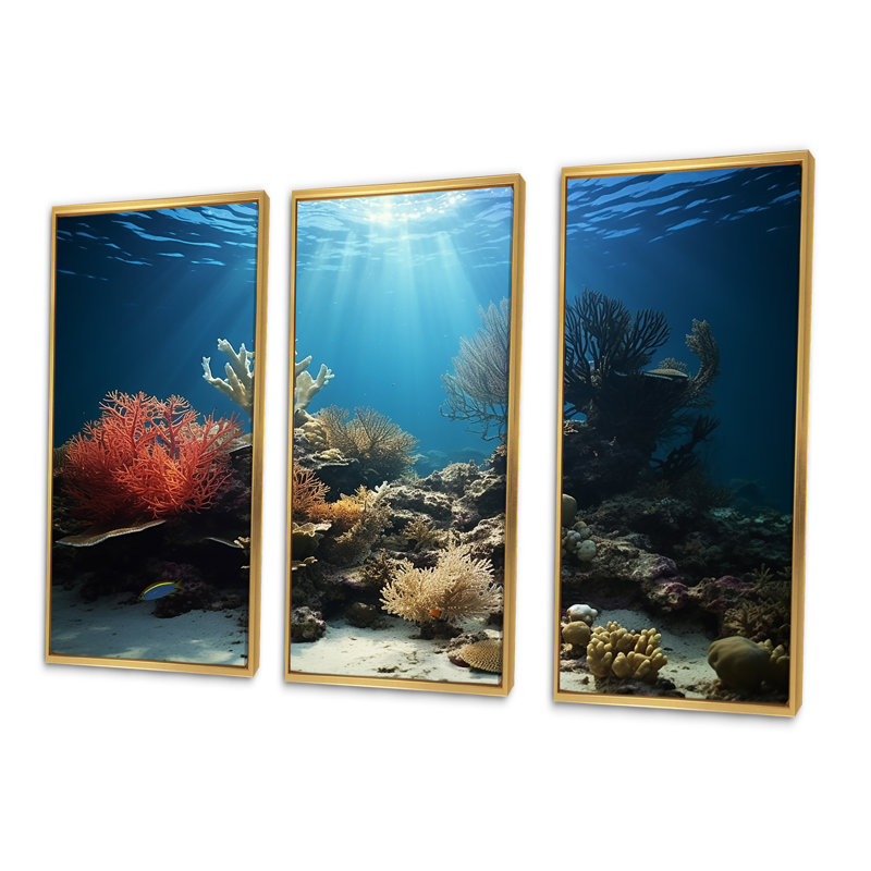 «Coral Underwater Paradise» - ensemble d'art mural en toile corail sous l'eau, Cadre flottant doré