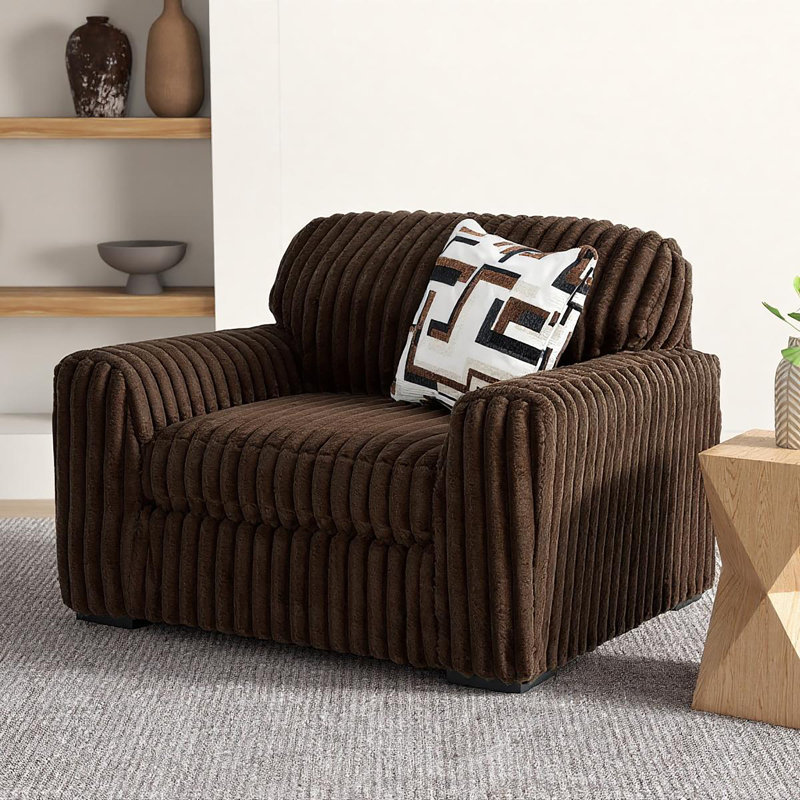 Fauteuil surdimensionné et demi Roundenne Furniture Solenne avec revêtement en velours côtelé géant, coussin réversible et coussin décoratif, chocolat