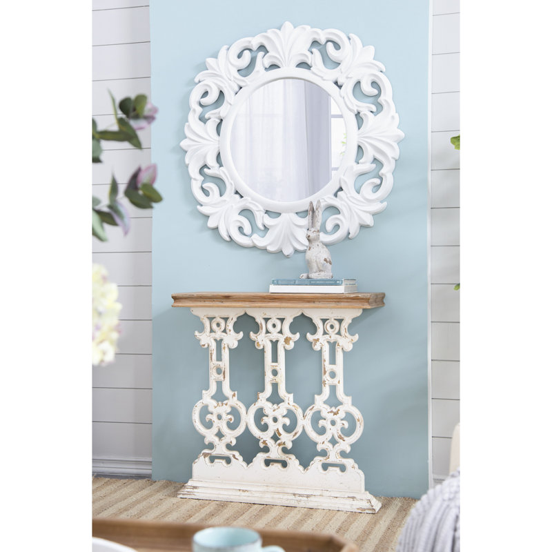 Console de 32,3 po de hauteur avec plateau en bois brun et base rétro complexe, élément de décor de couloir mesurant 32 po x 12 po