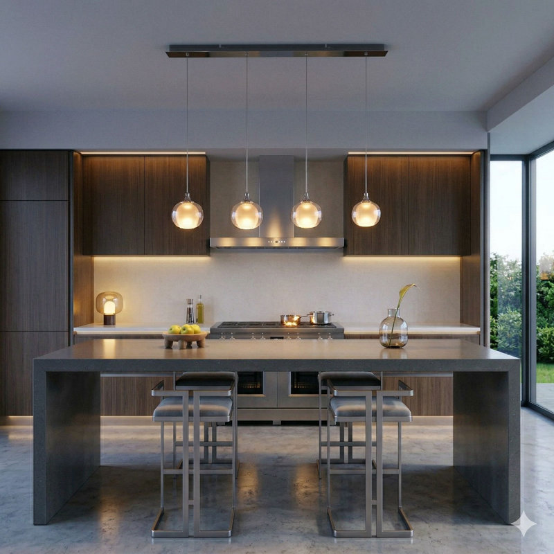 Luminaire suspendu pour îlot de cuisine 4 lumières Mission, Chrome chrome