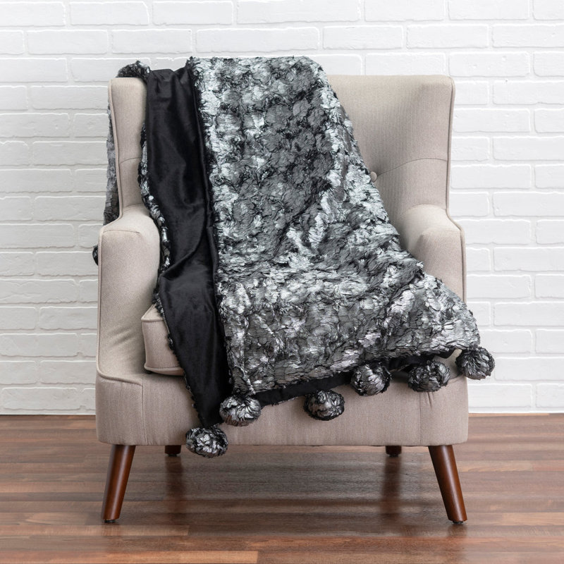 Cloud9 Design Silver Faux Fur Throw Metallic Gold Feather Design 50" L, Silver