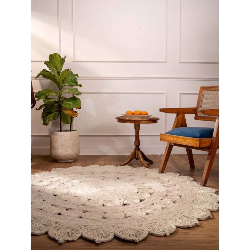 Tapis Anamaria tissé à la main en jute écologique - 183 x 183 cm, rond, blanc, motif oriental, poils courts, fibres naturelles, tapis d'intérieur/extérieur fait main pour salon, chambre