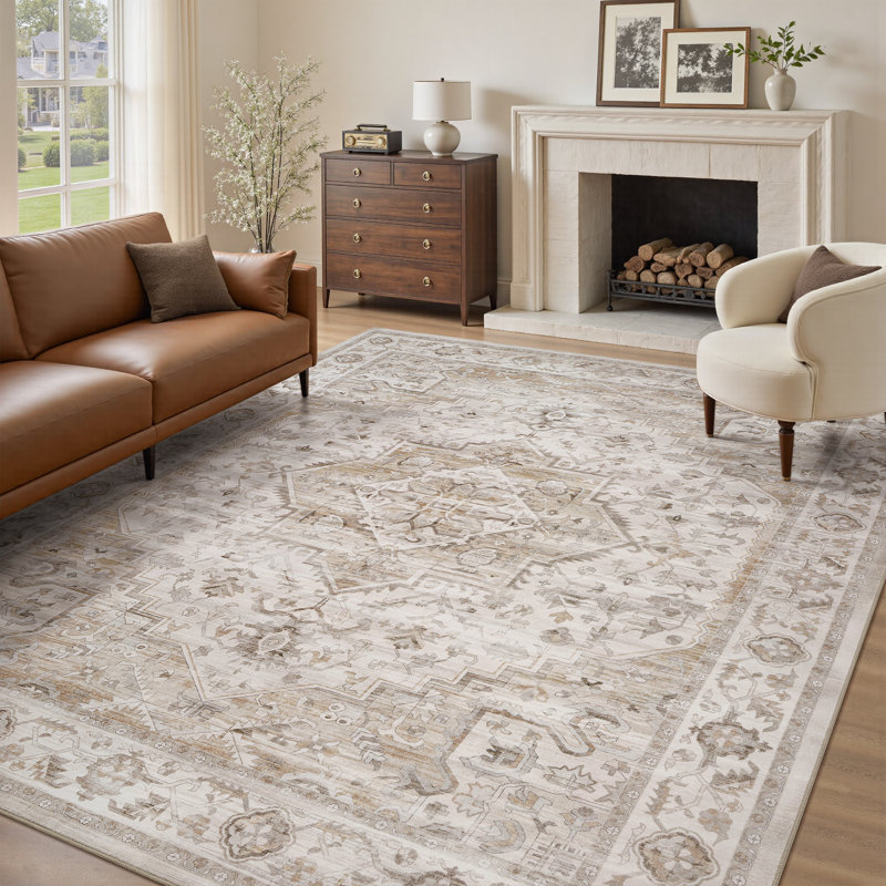 Soft Machine Washable Beige Floral Area Rug, Rectangle 5' x 7'