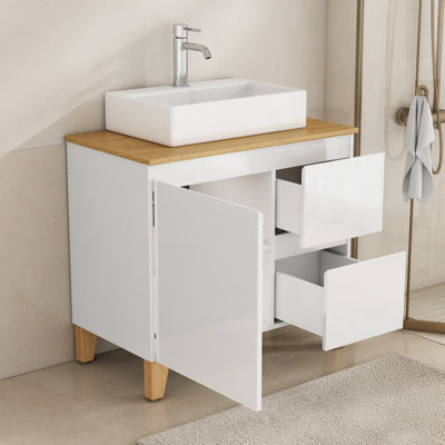 Ensemble de meuble-lavabo moderne de 31,5 pouces avec lavabo combiné, 1 porte et 2 grands tiroirs, système de fermeture en douceur, conception sans poignée, comptoir et pieds en bois massif naturel, lavabo carré en céramique sur le comptoir, blanc brillant
