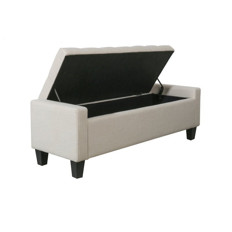 Beige Fabric Button Tufted Storage Bench with Hinged Lid