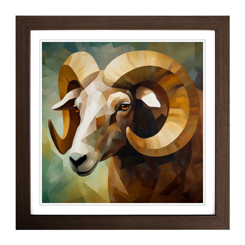 Ram Sheep Cubism - Single Picture Frame Print on Wood, Walnut