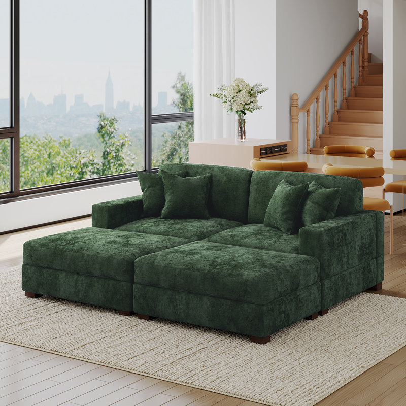 4 - Piece Upholstered Green Chenille Modular Sectional Sofa with Throw Pillows & Removable Ottomans, Green Chenille