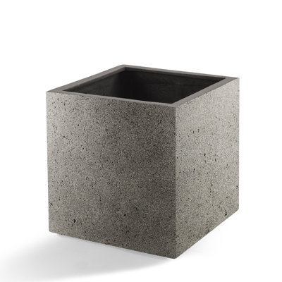 Grigio Large Cube Planter 15.75"W x 15.75H- Natural Concrete, Premium Lightweight Handmade Planter, Frost & UV-Resistant Fiberglass Stone Resin Pot for Indoor/Outdoor Use
