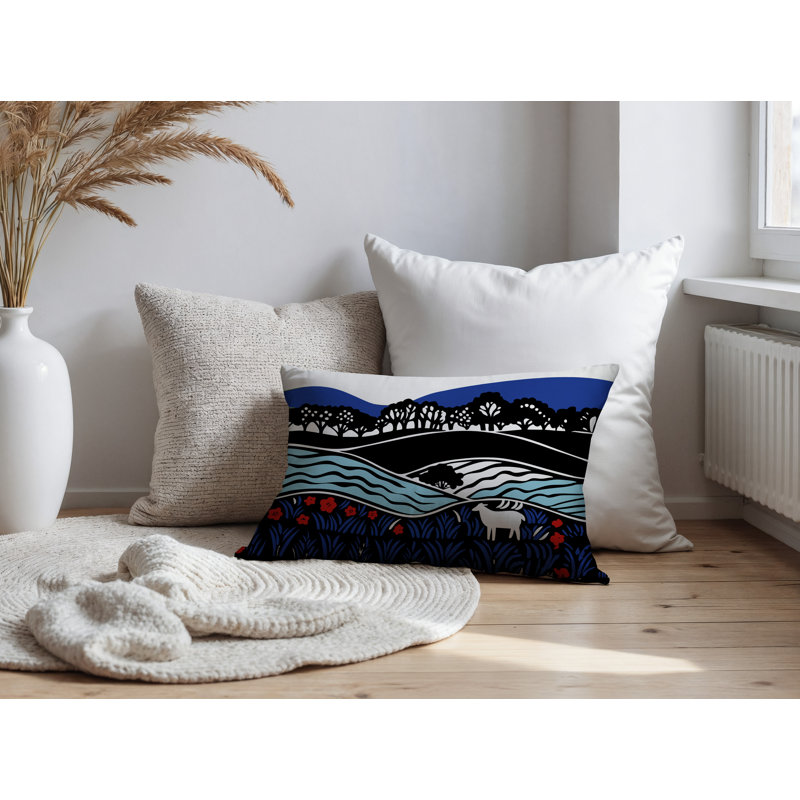 Oreiller rectangulaire intérieur / extérieur Voldy Floral Landscape, Rectangle H 14 po x l 20 po, Marine