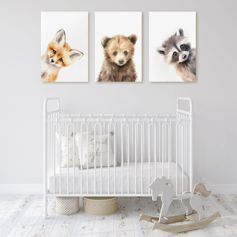Adorable Bear Fox Raccoon Nursery Wall Decor, 3 Piece Baby Animals Art Poster For Baby Room Decor, Woodland Nursery Wall Art, Funny Kid Prints, Framed Canvas Set, 3