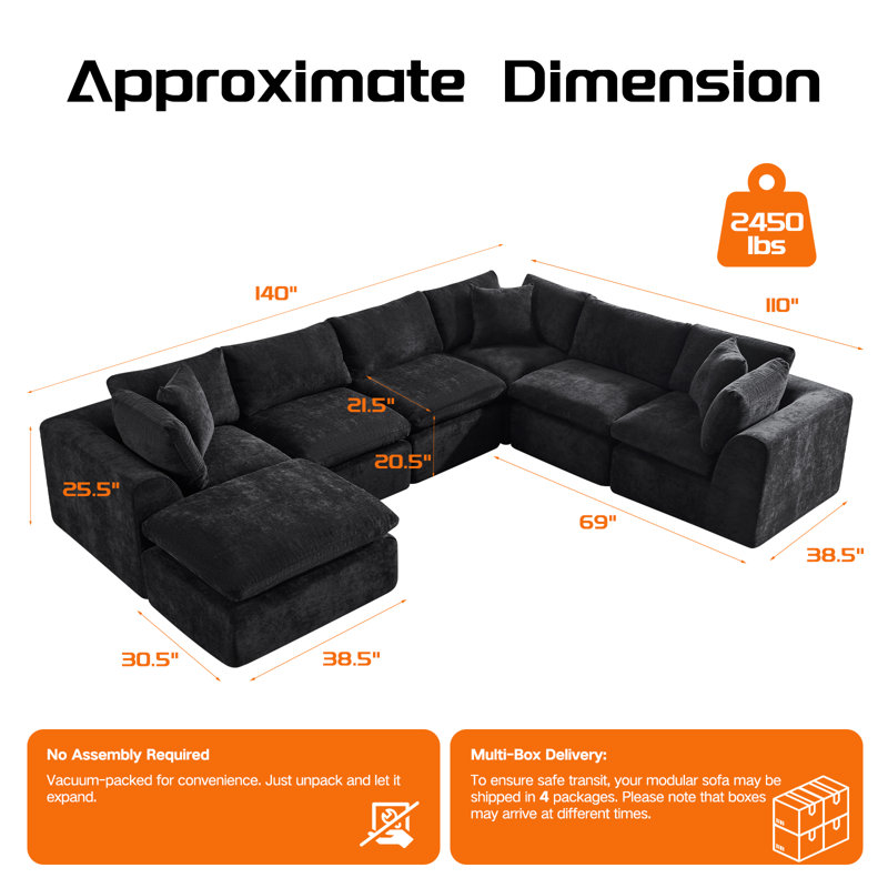  140" Boneless U-Shaped Modular Sectional Sofa with Ottoman, No Assembly Required, 7 Seat Spacious Chenille Cloud Couch for Living Room