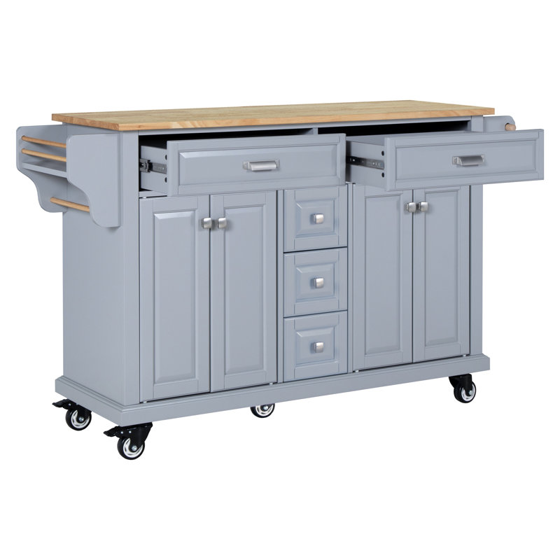Kitchen Island With Rubber Wood Countertop, Kitchen Cart On 5 Wheels With Storage Cabinet And 5 Drawers, Gray