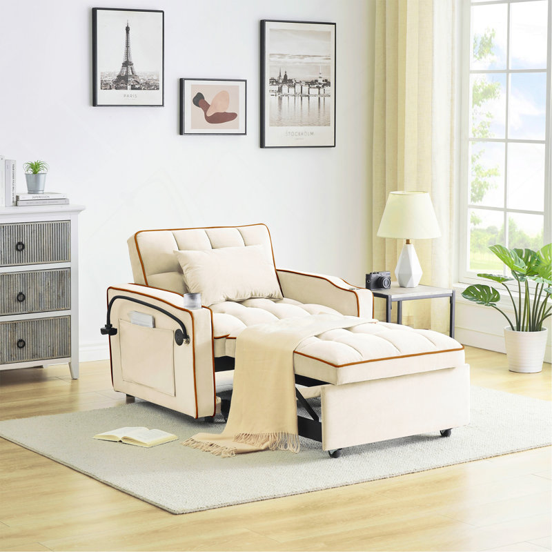 1 canapé-lit pliable polyvalent en 3 longueurs, 1 canapé-lit moderne en velours coulissant, dossier réglable et avec port USB, cendrier et support pour téléphone pivotant blanc crème