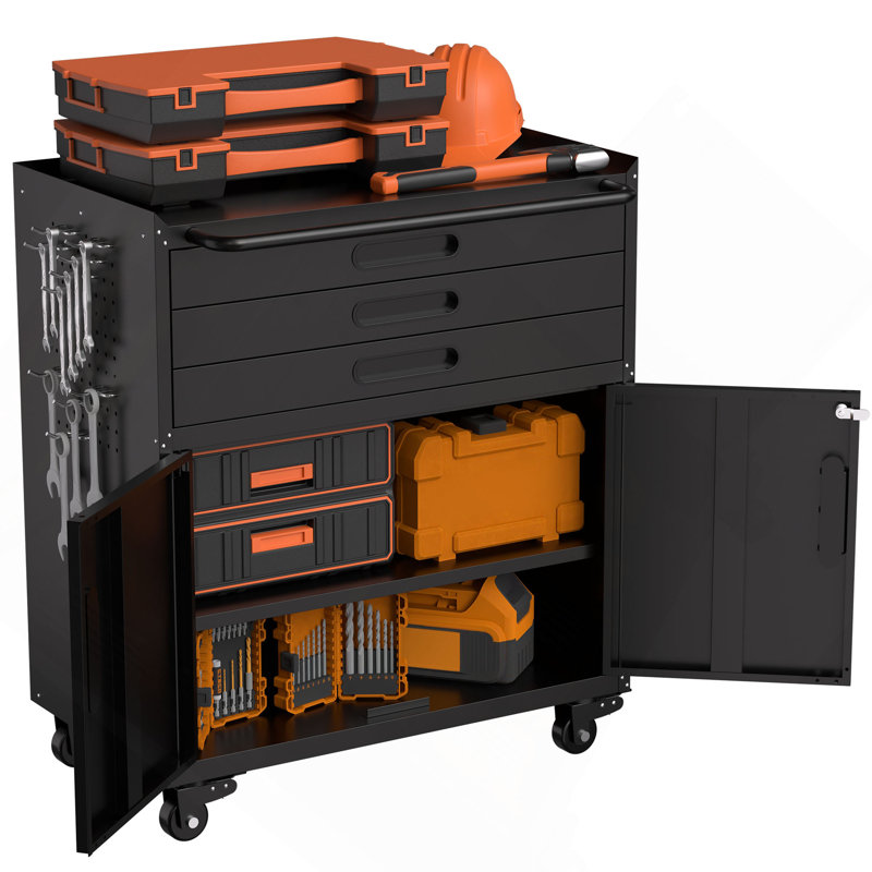Armoire à outils roulante 34,3 po en métal - Rangement de garage robuste avec portes verrouillables et 3 tiroirs, organisateur d'établi mobile pour garage, atelier, maison