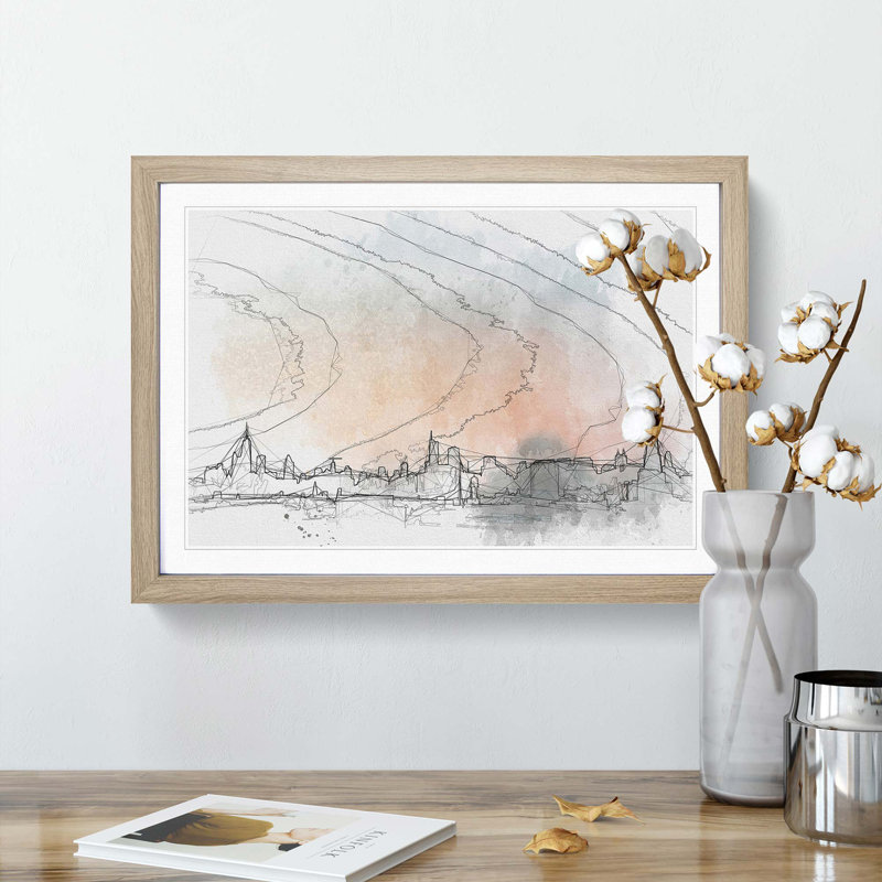 The Chicago Illinois Skyline in Abstract - Picture Frame Drawing Print, 27cm H x 36cm W x 2cm D, Oak Framed