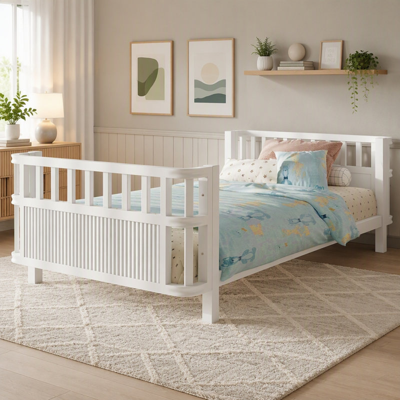 Lit plateforme en bois avec rampes, Lit simple, Blanc