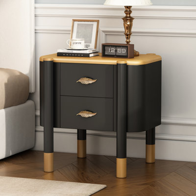 Élégante table de chevet noire avec 2 tiroirs, profil incurvé, poignées en forme de plumes, pour la chambre à coucher et le salon, multifonctionnelle, beaucoup de rangement, table de bout à deux extrémités en métal, spacieuse