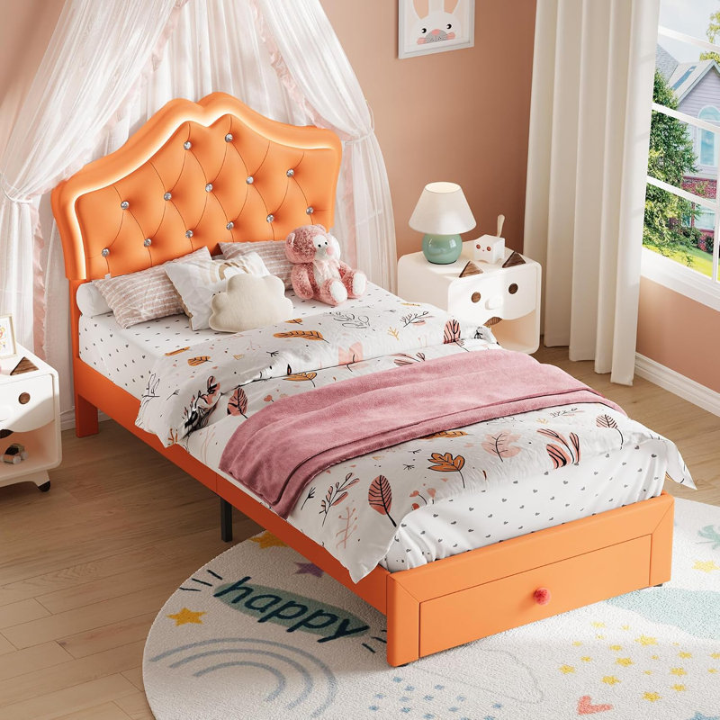 Base de lit plateforme simple avec lumières DEL, tête de lit capitonnée en cristal et tiroirs de rangement - lattes silencieuses, aucun sommier nécessaire - assemblage facile - orange