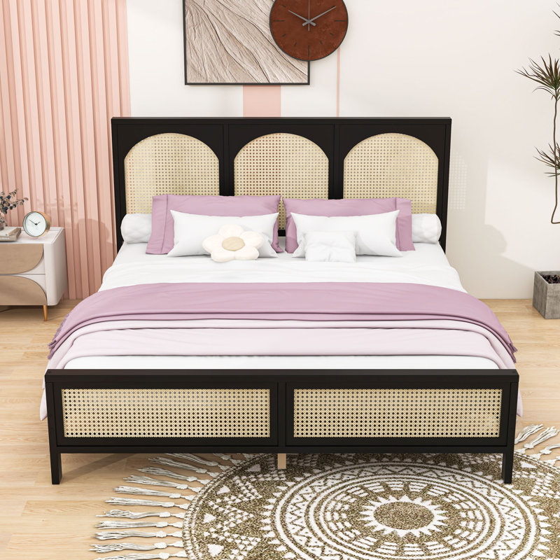 Lit plateforme avec tête de lit en bois et rotin, Noir / Beige, Très grand lit