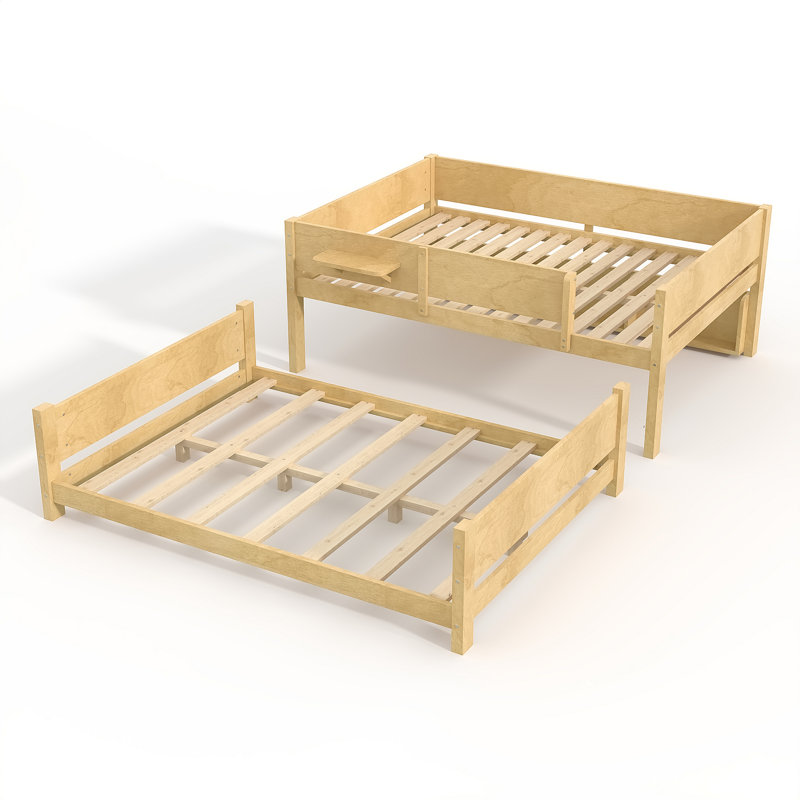 Lit superposé avec plateau pratique et tablettes de rangement, fabrication en bois massif, Naturel