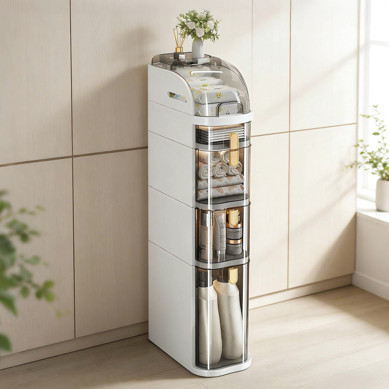 Mobile 5 Narrow Bathroom Floor Storage, No Installation, Ideal For Small Spaces In Laundry, Toilet And Living Areas, White Plastic Container