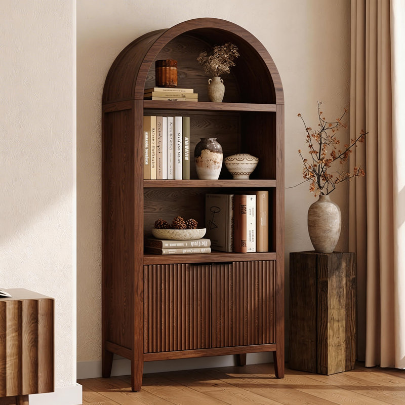 Bibliothèque arquée de 71 po de hauteur, bibliothèque à 5 niveaux avec portes et tablette ouverte, Walnut