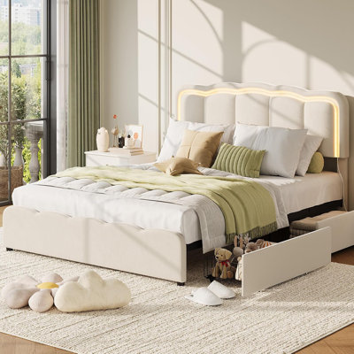 Queen Size Upholstered Bed Frame with 2 Storage Drawers and LED Lights, Platform Queen Bed with Adjustable Headboard, Wooden Slats Support, No Box Spring Needed, Noise Free