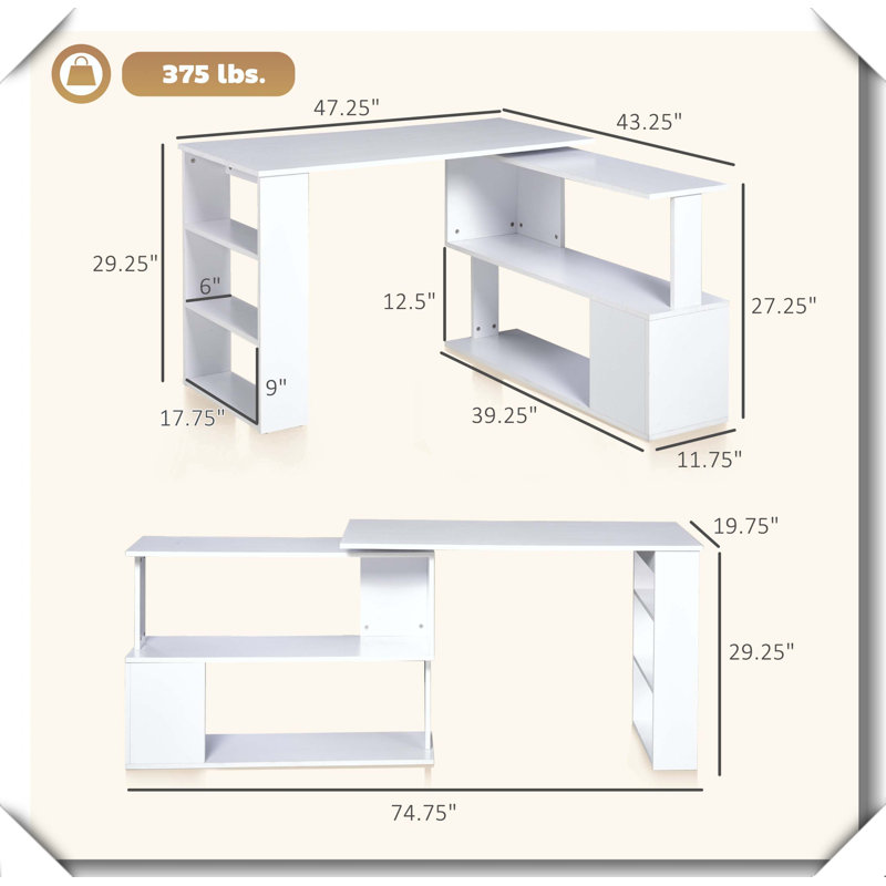 L Shaped Desk 360° Rotating Space Saving Minimalist Workstation, White