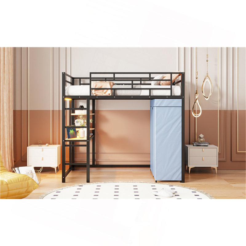 Lit mezzanine en métal avec bureau, tablettes, prise de courant, lumière DEL et garde-robe, Noir, Twin