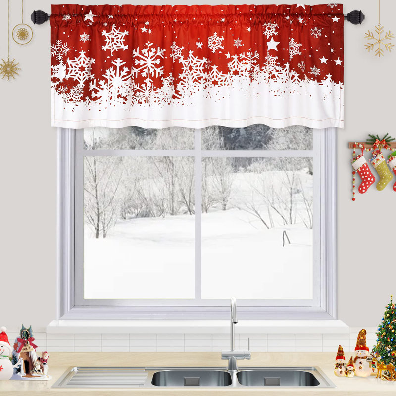 Panneaux de rideaux de Noël cantonnière 52 po x 15 po, panneau de rideau de cuisine rouge avec motif floral flocon de neige, rideau de café à isolation thermique