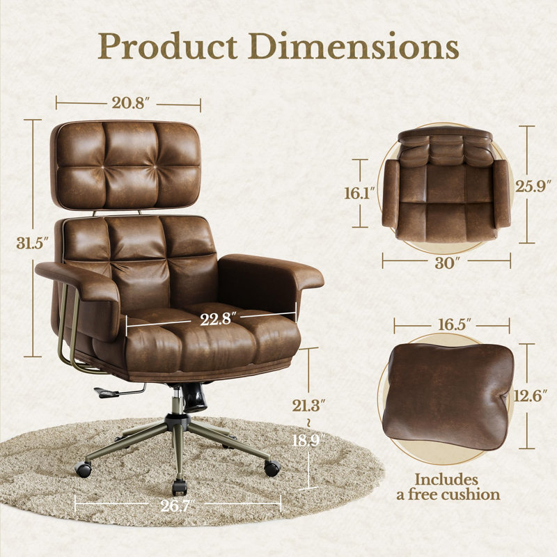 Chaise de bureau en similicuir de qualité supérieure, conception ergonomique brune avec coussin de siège épais et soutien lombaire, confortable chaise pivotante de style moderne Mid-Century, convient au bureau à domicile.