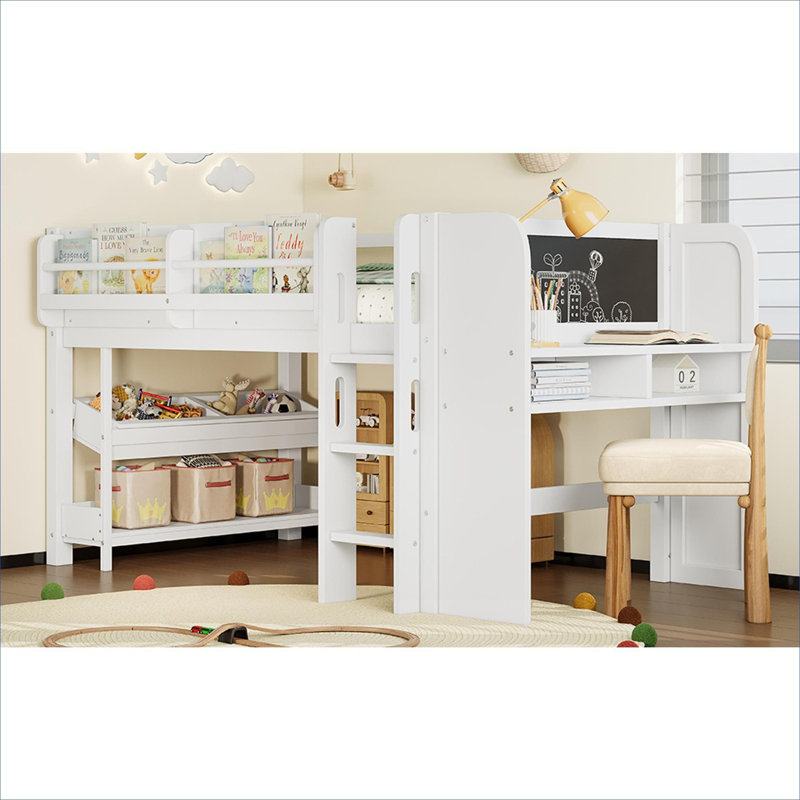 Petit lit simple mezzanine pour enfant avec cadre en bois multifonctionnel avec rangement intégré, bureau et tableau noir, blanc classique