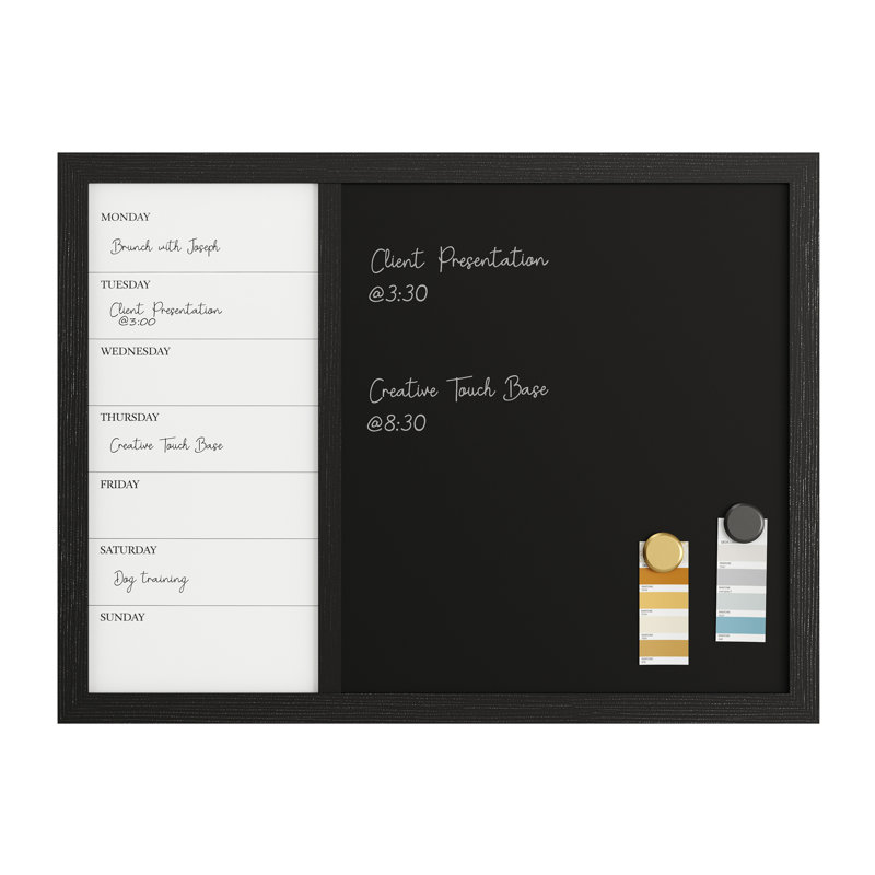 Martha Stewart Everette Dry Erase Magnetic Weekly Calendar/Chalk Board - Woodgrain Frame, Black
